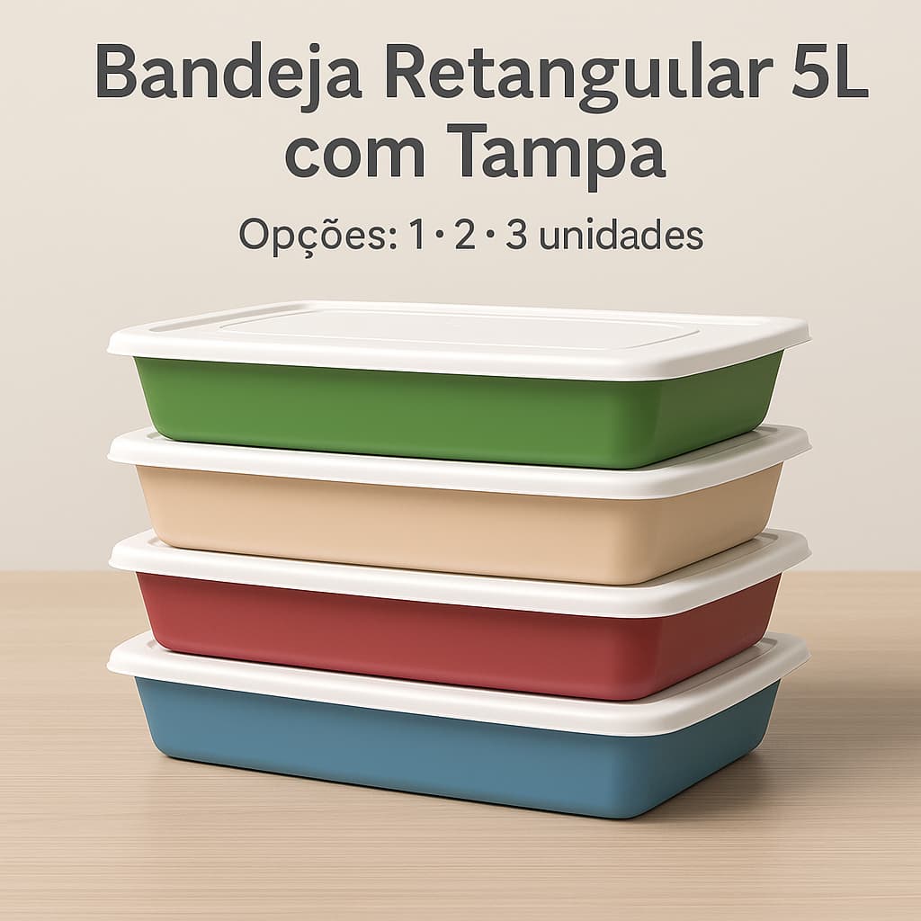 Bandeja Retangular com Tampa 5 Litros 1/2/3 unidades
