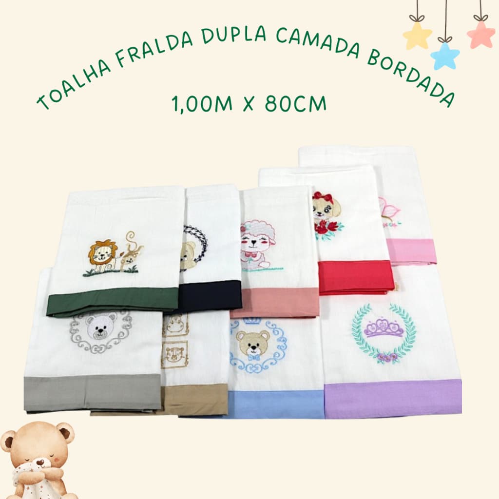 Toalha de Bebê 1,00m x 70cm Toalha Fralda Já Bordado Menina Menino Tecido Macio Dupla Camada Algodão