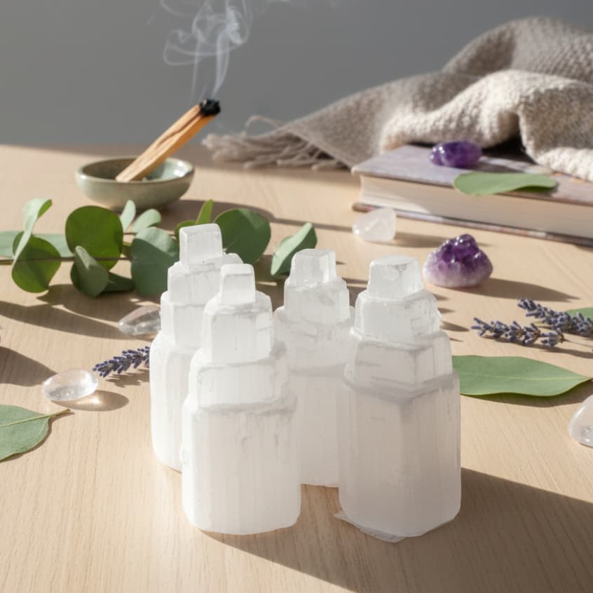 Torre de Selenita Branca Selenita Laranja Cristal Limpeza Energética Ambiente Purificação