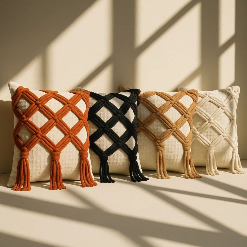 Capa Almofada Decorativa 45x45 – Trançado em Macramê Artesanal, Boho 100% Algodão para Sofá