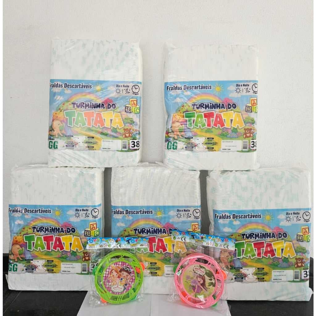 5 Pacotões Fraldas Infantil Turminha Do Tatata + Chocalho Pandeiro Baby (P- 200 un M - 200 un G - 200 un GG- 190 un SXG-