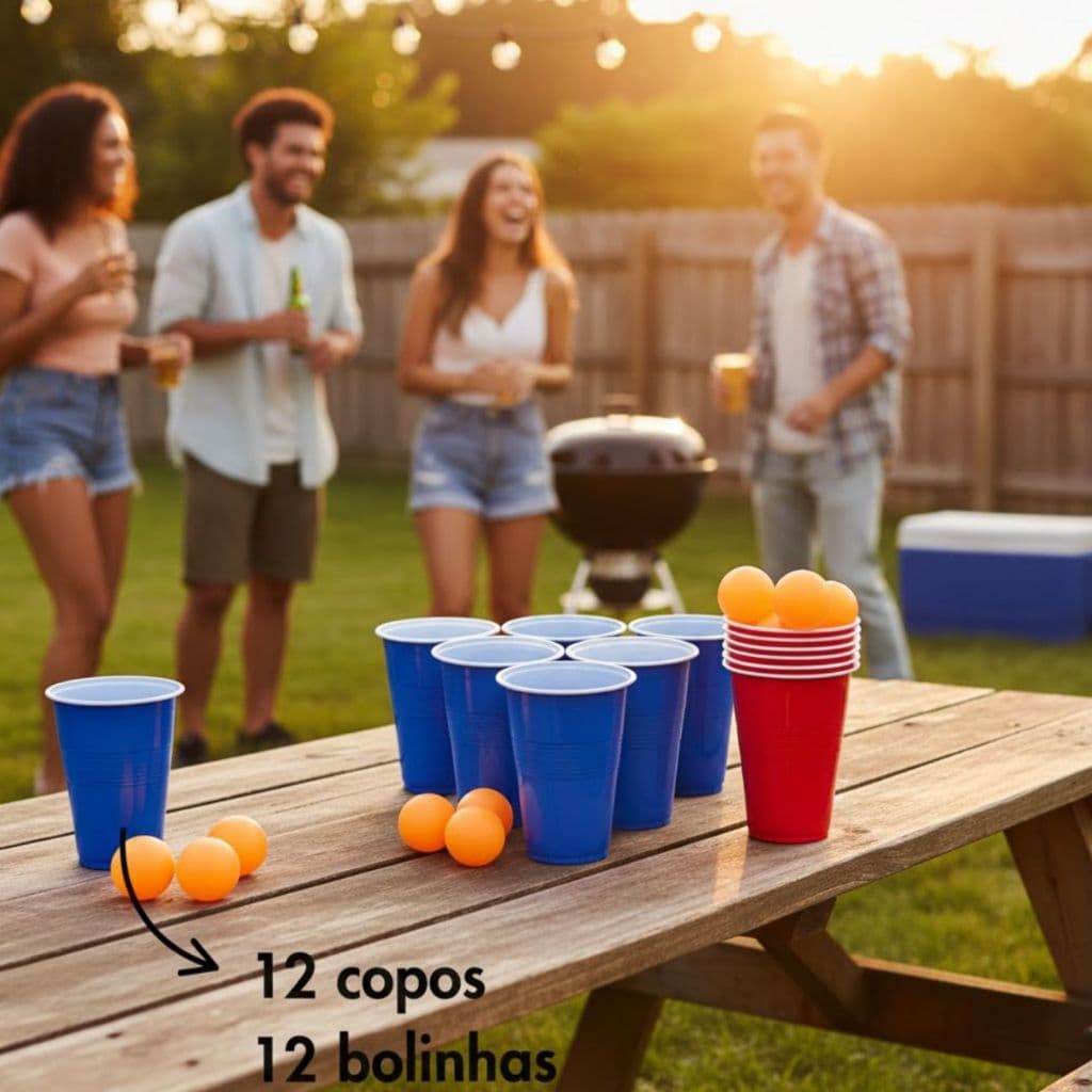 Jogo Beer Pong 12 bolas 12 copos 400ml Festa Americana Original