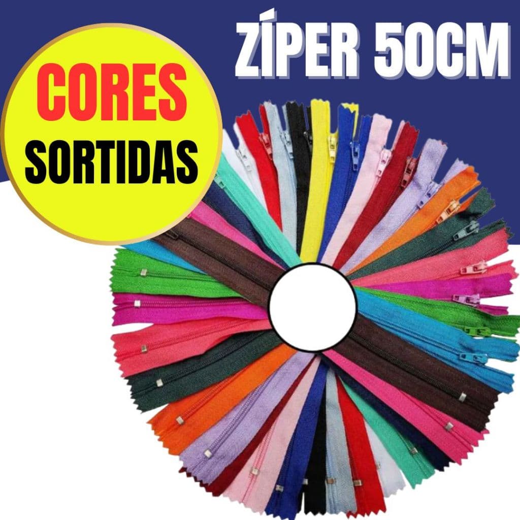 Zíper de Nylon Comum 50 CM - Cores Sortidas - Kit C/ 10 Unidades
