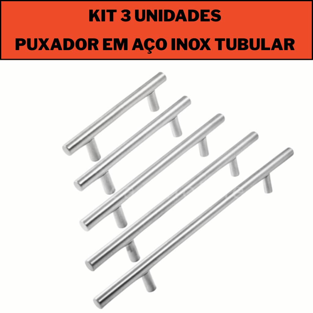 Kit 3 UND Puxador de Gaveta/Armario Puxadores em Aço Inox Tubular  6,4 cm - 51,2 cm