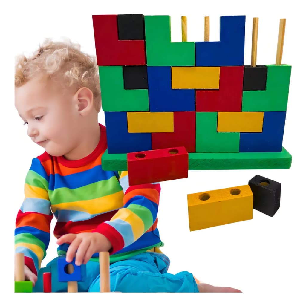 Brinquedo Educativo Montessori Blocos De Encaixe Vertical  20 Peças Em Madeira Montessori Quebra Cabeça Pluzze