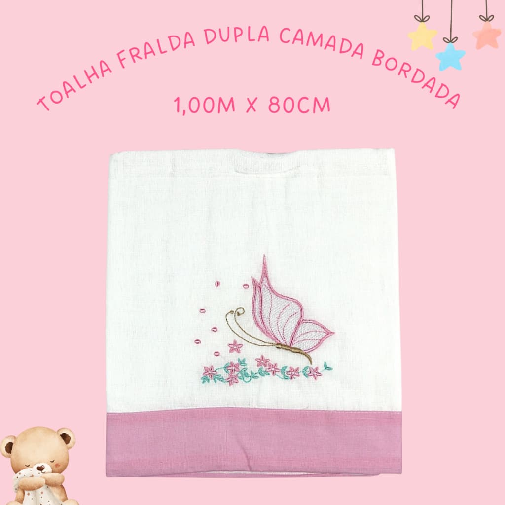 Toalha de Bebê Bordada Rosa Bebê Tecido Fralda Algodão Macio Duplo - Lumana