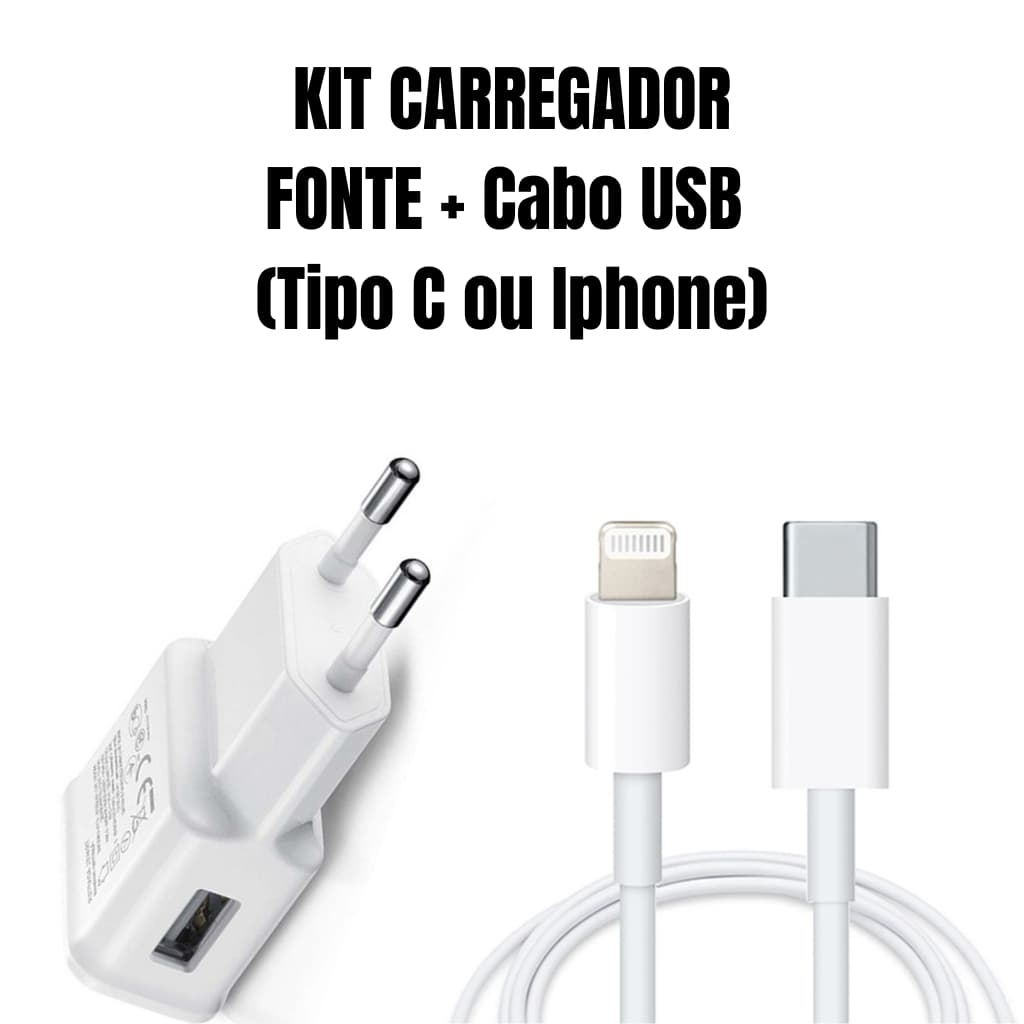 Carregador Turbo Kit Cabo Usb C Lightning + Fonte Ultra Rapido Compatível iPhone ou Android