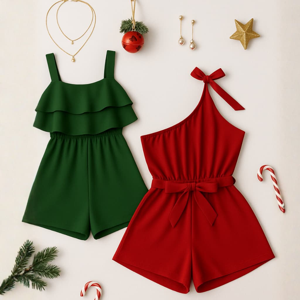 Kit 2 Macacões Femininos  Premium – Macacão Verde Babado e Macacão Vermelho Um Ombro Só com Laço