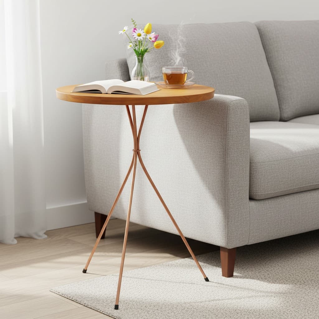 Mesinha Redonda Pés Palito Metal  Mesa Lateral Apoio Sofá Metal Madeira Nozes Cobre Metálico 38 x 45cm