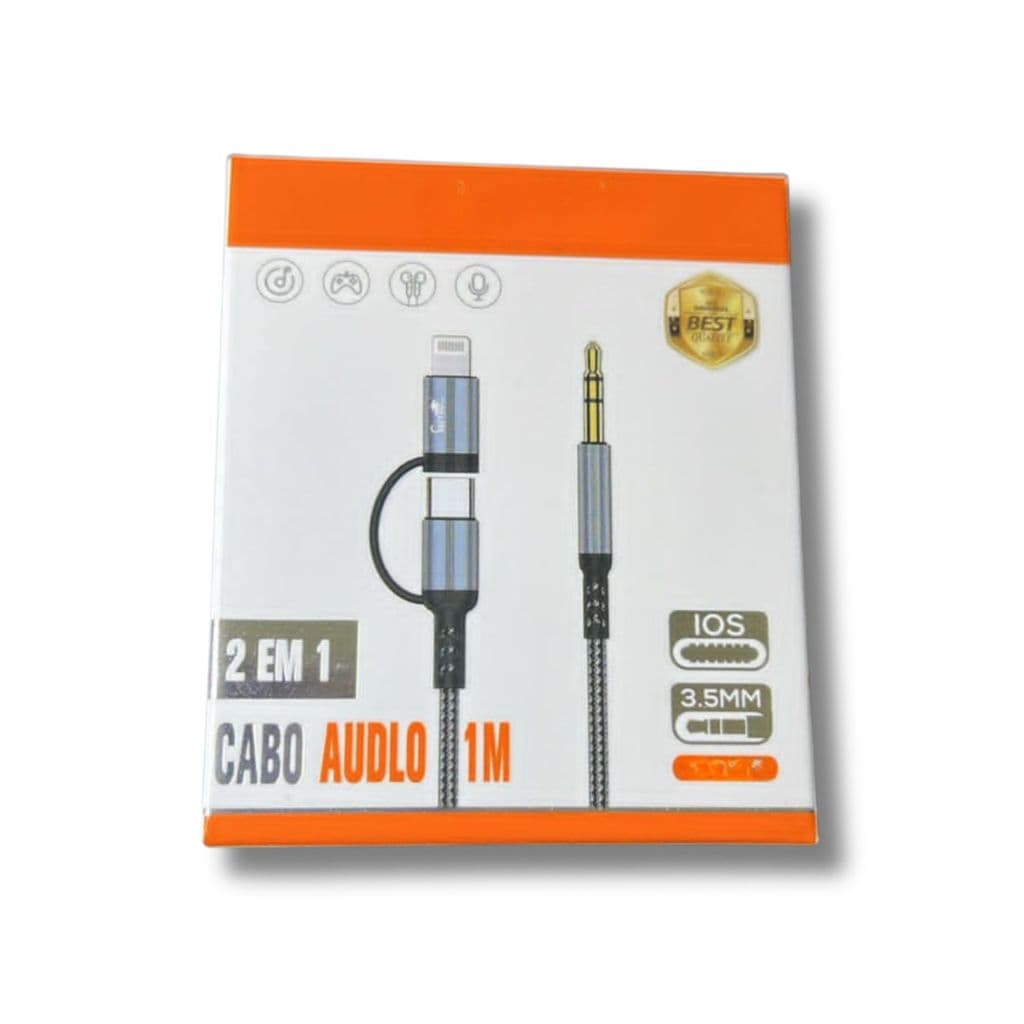Cabo Auxiliar P2 Áudio 2 Em 1 P2 Com Lightning E Tipo-C  Metro Cabo Trançado Reforçado ModelOriginal