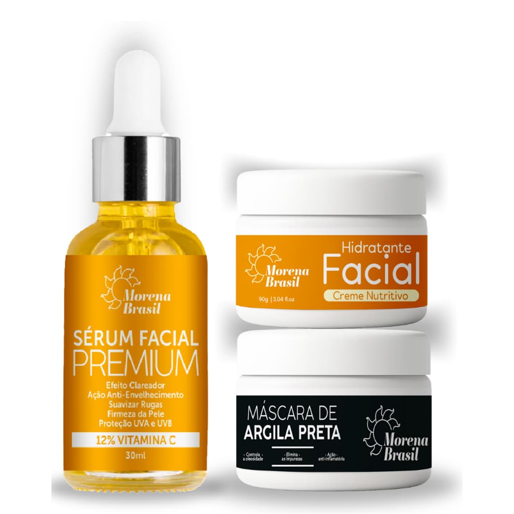 Kit SkinCare Morena Brasil | Sérum Vitamina C, Creme Nutritivo e Máscara de Argila Preta 🖤