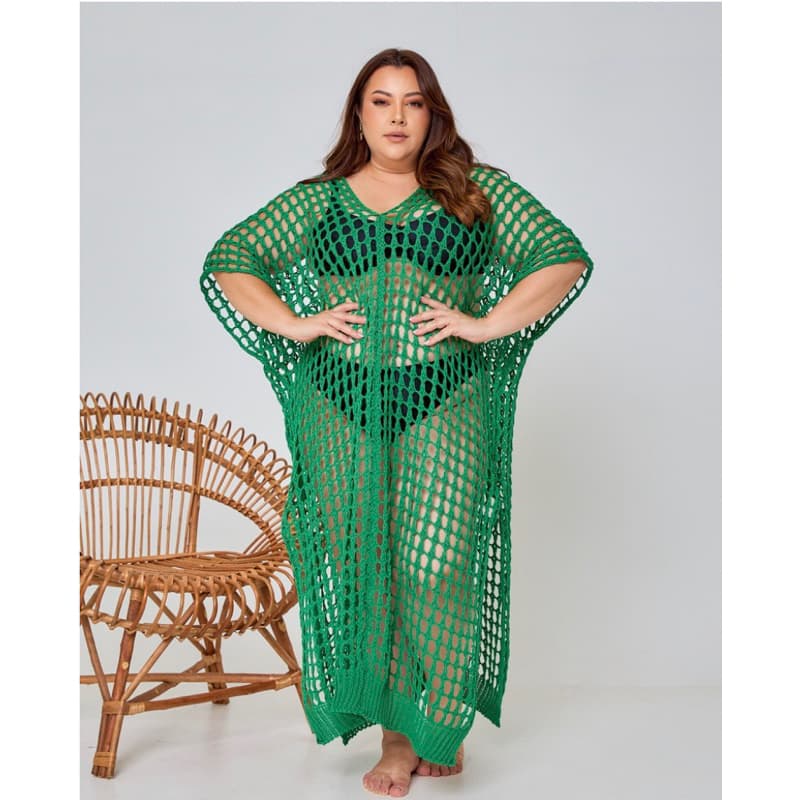 Kaftan Plus Size Longa Saída de Praia Feminina Tricot Estilo Crochê Cobertura KAFTAM PLUS EM V de Biquíni Moda Verão