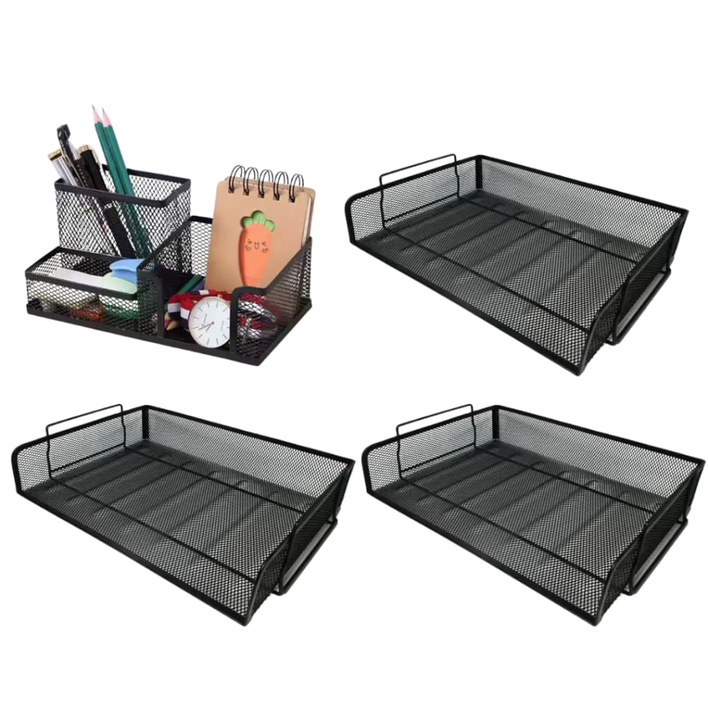 Kit 3 Bandejas Porta Arquivo Folha A4 Suporte Sulfite Empilhável + 1 Organizador Porta Treco 3 Divisões