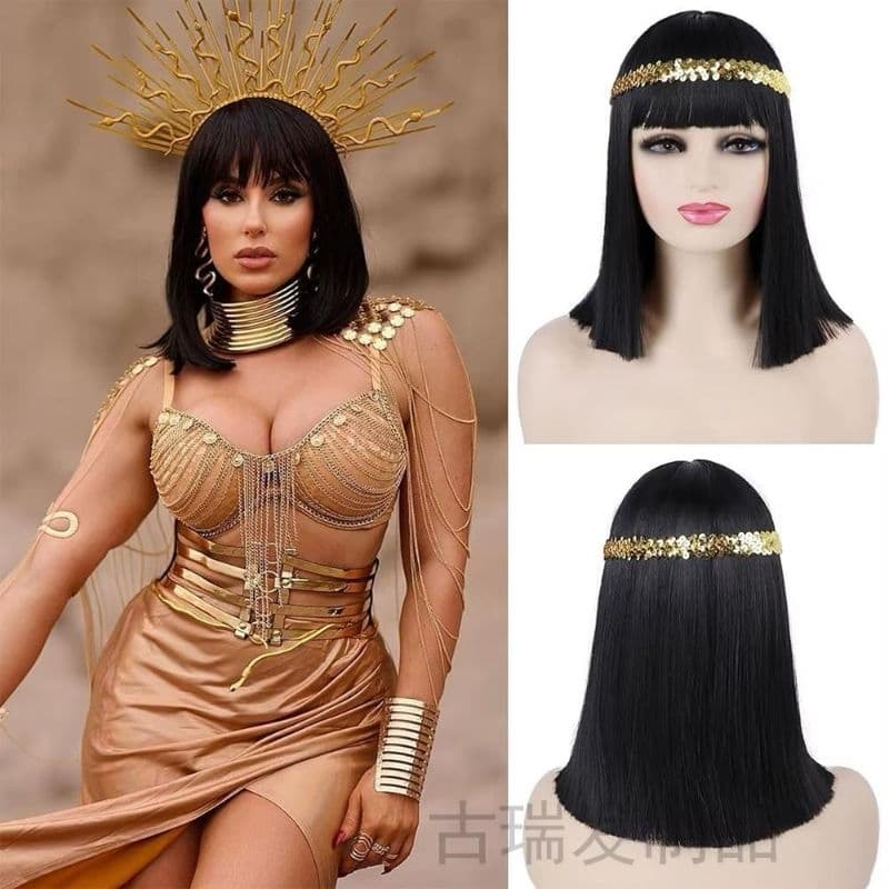 Peruca Cleóprata Cosplay, Carnaval, Preta Liso Natural média de 40 CM Fibra orgânica
