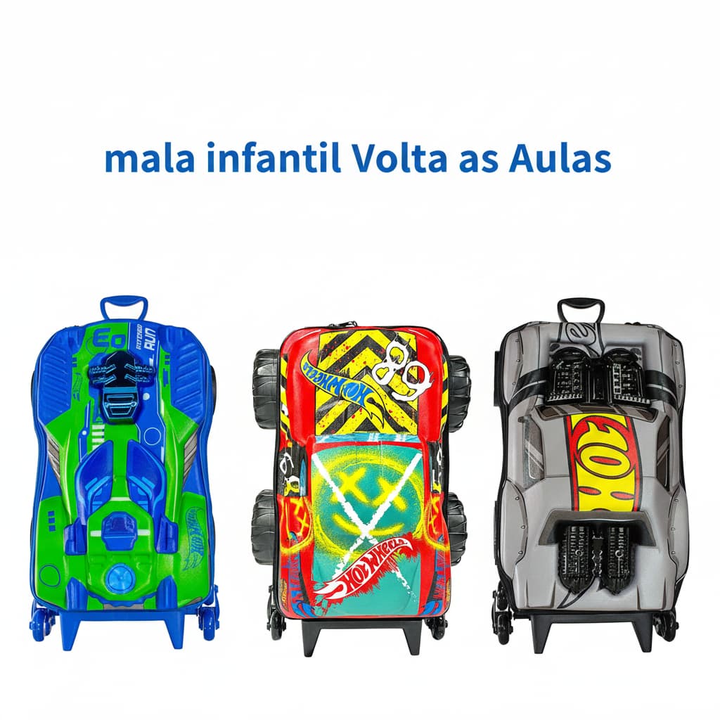 Mala Mochila Infantil Hot Wheels 3D com Rodinhas Infantil Volta as Aulas Escolares Escola Viagem CriançaMulticolorida
