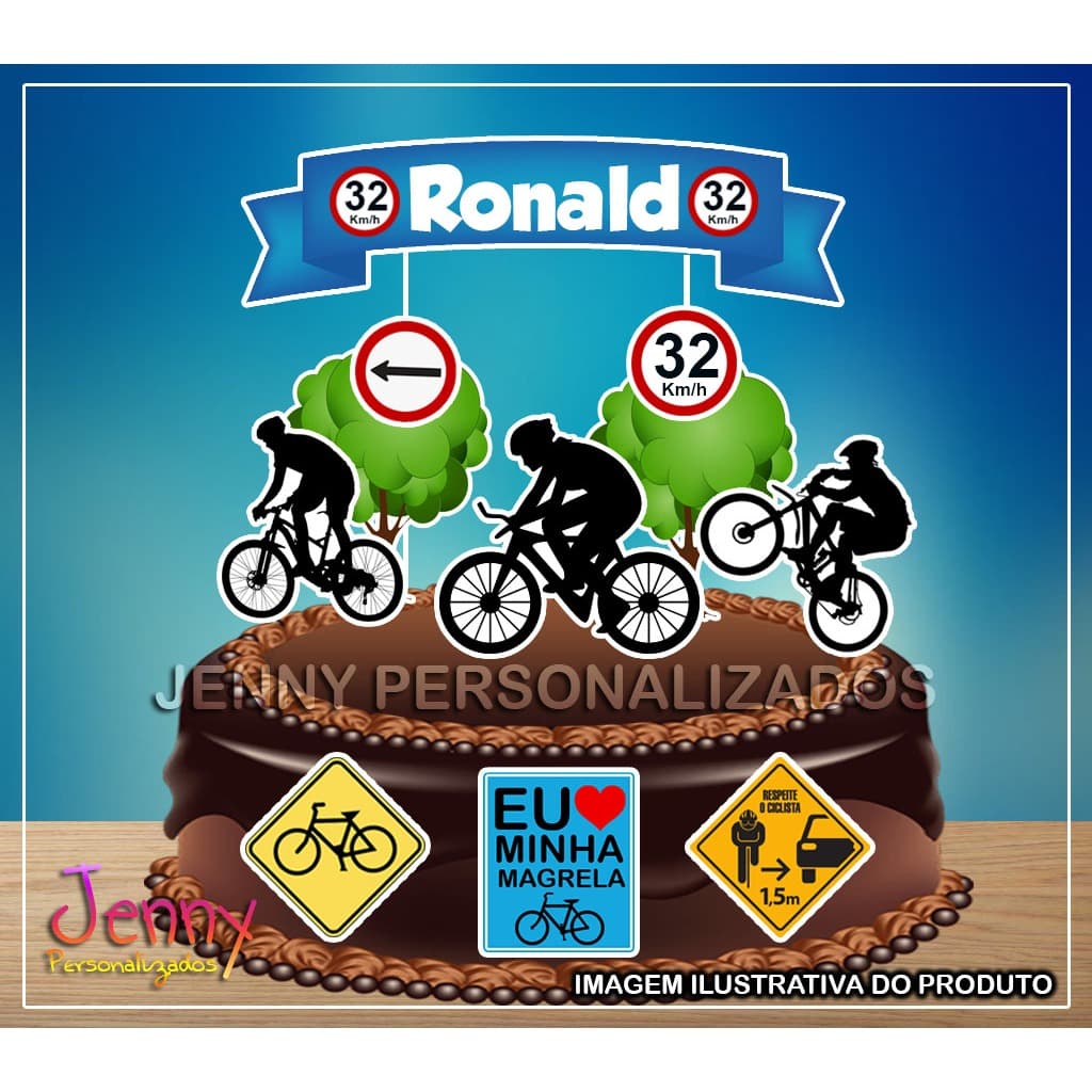 Topo Topper de Bolo  Bicicleta - Bike - Ciclista personalizado com nome