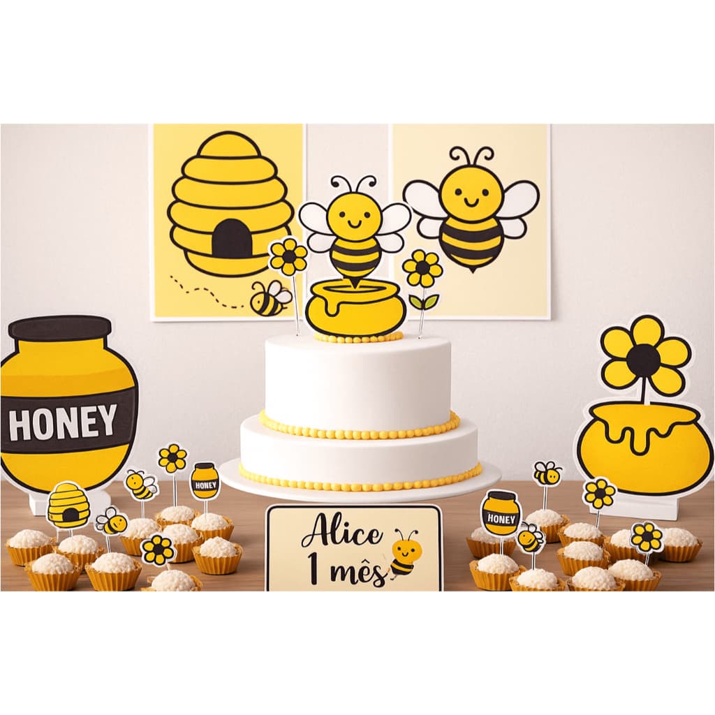 Kit só um  bolinho Abelhinha: topo de bolo, topper para doces, displays de mesa e parede