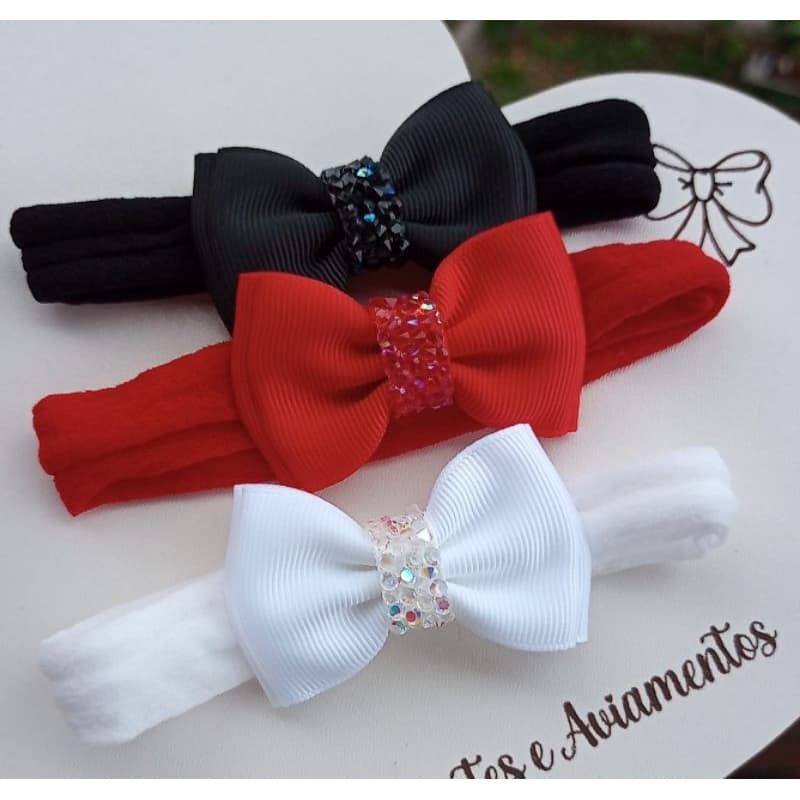 Kit com 3 lacinhos pequenos com brilho para bebê na meia de seda/Faixa de cabelo para bebê