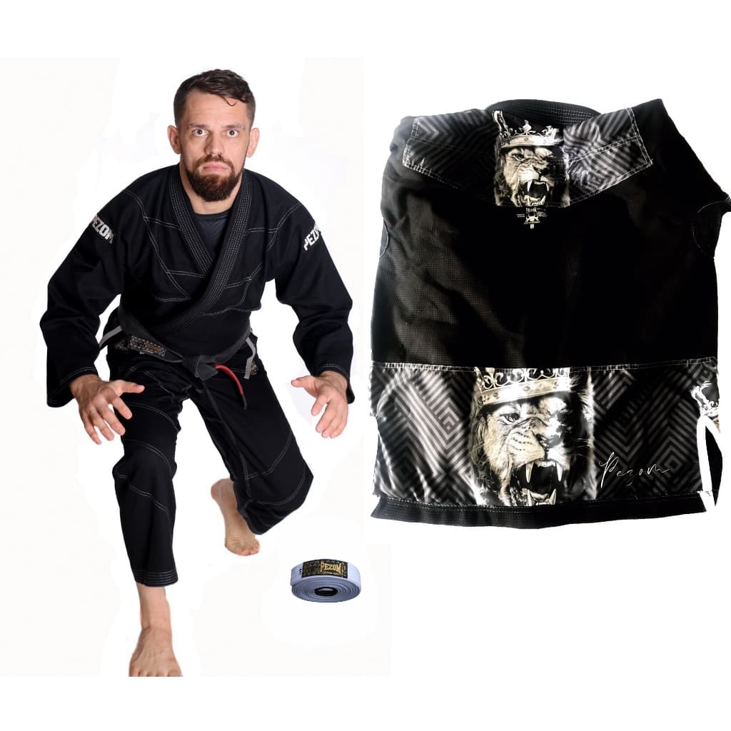 Kimono Jiu Jitsu Trançado reforçado profissional 50% Forrado Leão King Pezom e Faixa