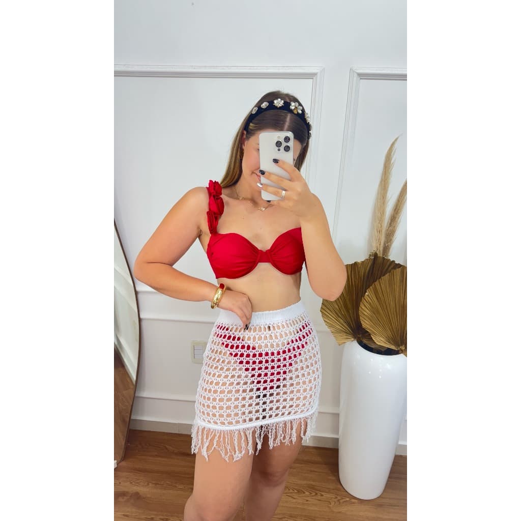 Saia Saída de Praia Tricot Tricô  com elástico no Cós ,Saia com franjas  tendência moda praia verão