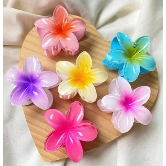 Kit Até 12 Presilhas de Flor Havaiana Plumeria – Piranha de Cabelo Degradê Colorida (Verão/Praia)