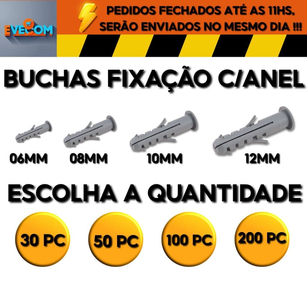 Bucha Plástica Fixação Com Anel Parede Concreto Alvenaria Tijolos 06mm, 08mm, 10mm e 12mm Quantidade 30 a 200 Unidades