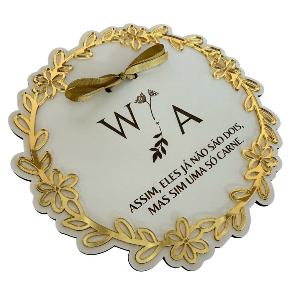 Porta Alianças Branco Aplique Acrílico Dourado MDF Personalizado Casamento Noivado Padrinhos