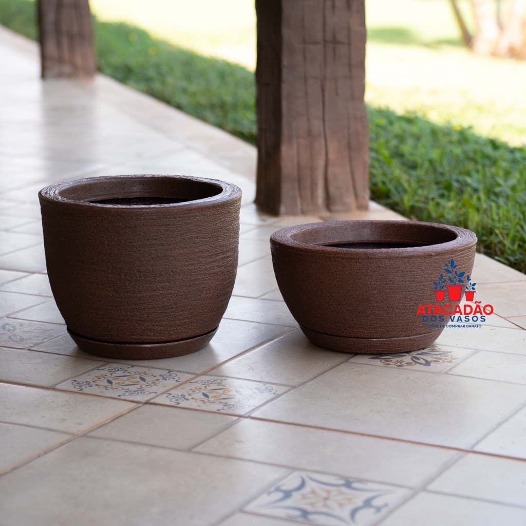 Kit 2 Vasos decorativos com prato para planta ou flor, vaso e bacia grafiato em polietileno