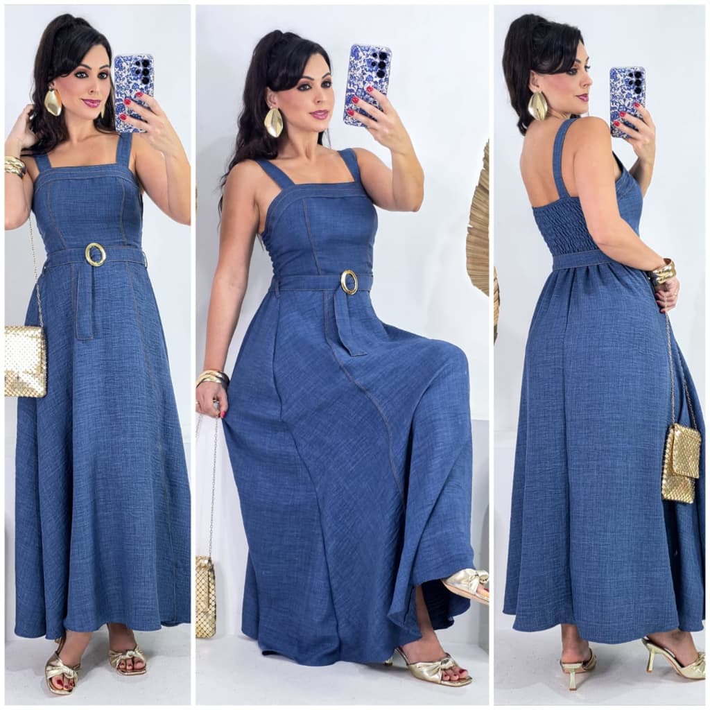 Vestido Longo Feminino com Cinto e Fivela Moda Festa