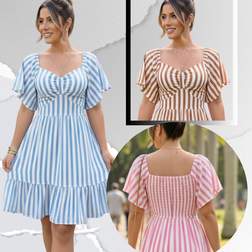 Vestido Feminino Curto Listrado em Viscolinho com Decote – Moda Evangélica Modesta e Elegante
