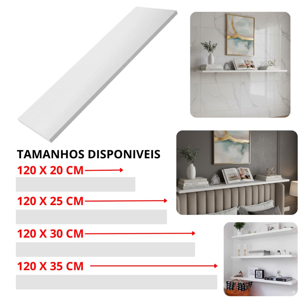 Prateleira 100% MDF Lisa Largura 20 - 25 - 30 - 35 Cm Branco e Preto Luxo Premium