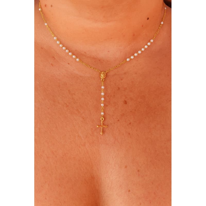 Colar Gargantilha Terço de Perola Folhado em Dourado Colar Presente Elegante