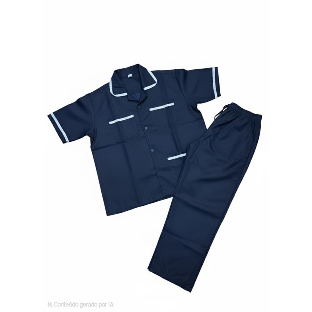 Uniforme Feminino para Copeira Doméstica Conjunto com Calça e Avental Azul Marinho Bordado