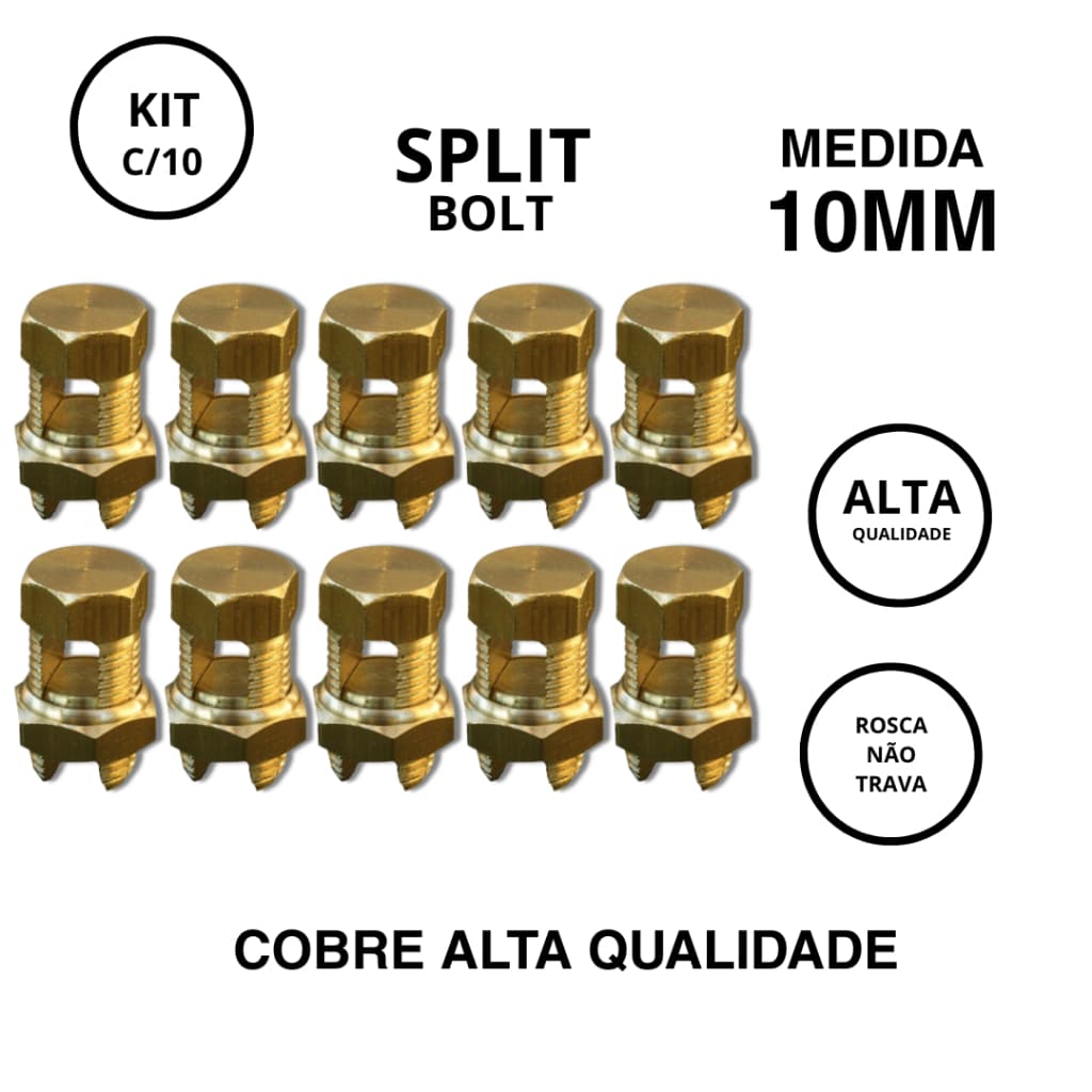 Conector Split Bolt 10mm Kit C/10 Latão Sistema Aterramento Emenda Elétrica Parafuso Fendido Cabo Fio