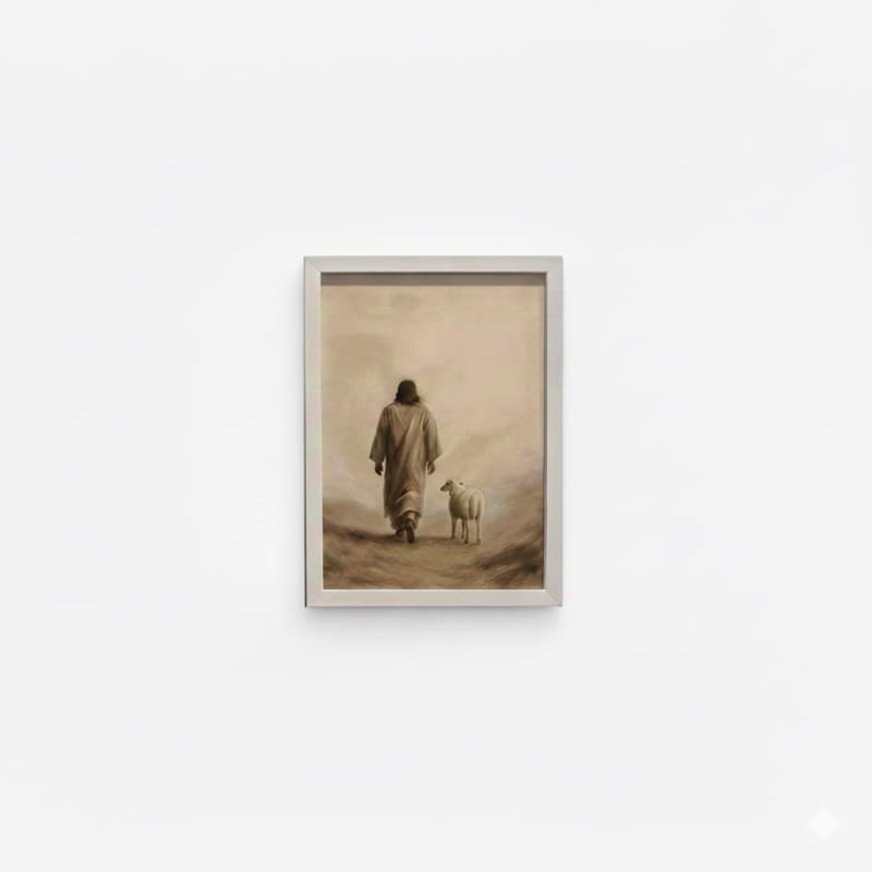 Quadro Cristão Jesus Bom Pastor Arte Minimalista Moldura Branca | Para Sala e Quarto