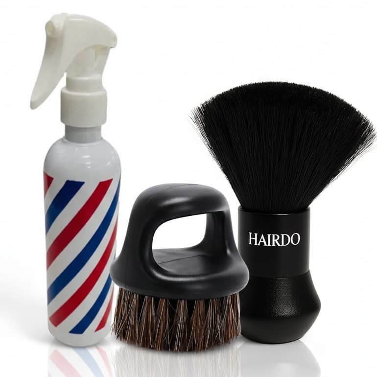 Kit Espanador Bolinha + Escova Disfarce de Dedo + Borrifador Pole com Trava barbearia cabelereiro