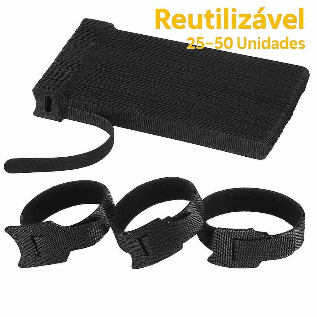 Organizador de Fios e Cabos USB – Fita de Velcro para Cabos Reutilizáveis | Kit 25/50 Unidades