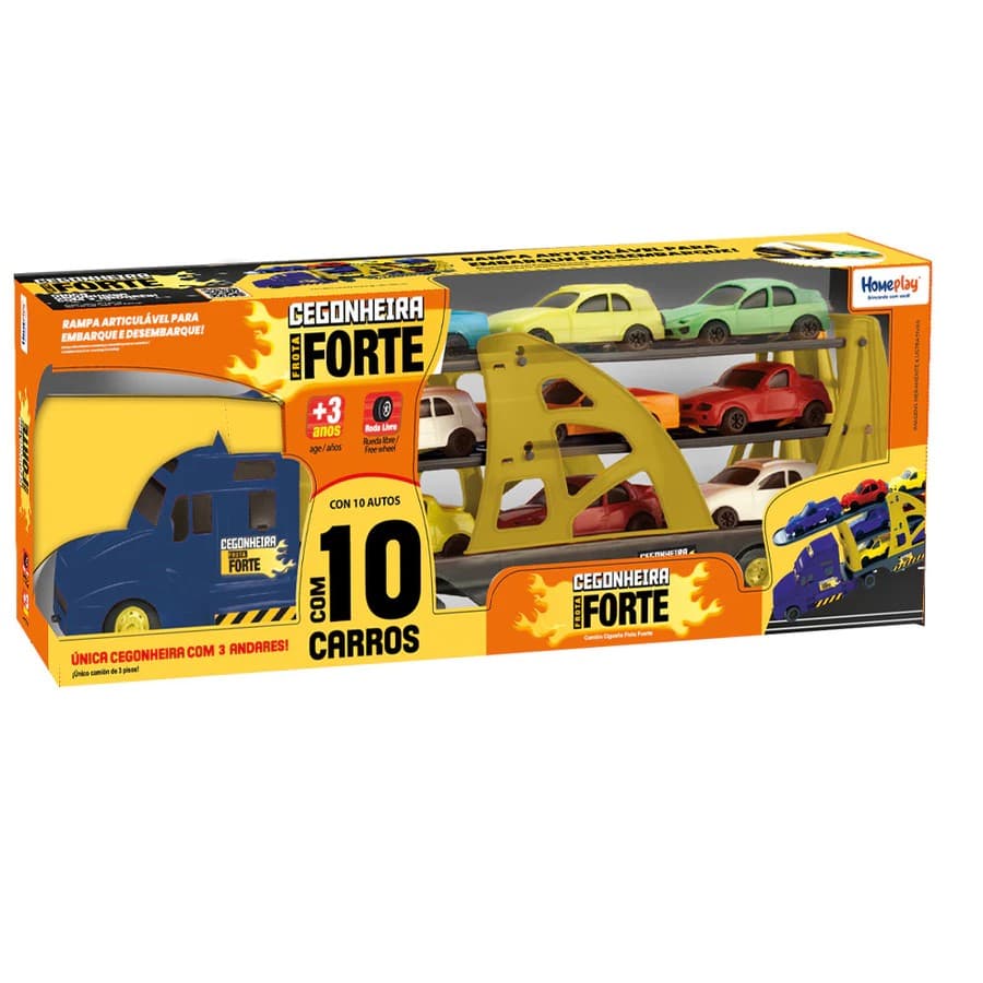 BRINQUEDO CARRINHO CAMINHÃO CEGONHA FROTA FORTE COM 10 CARRINHOS HOMEPLAY