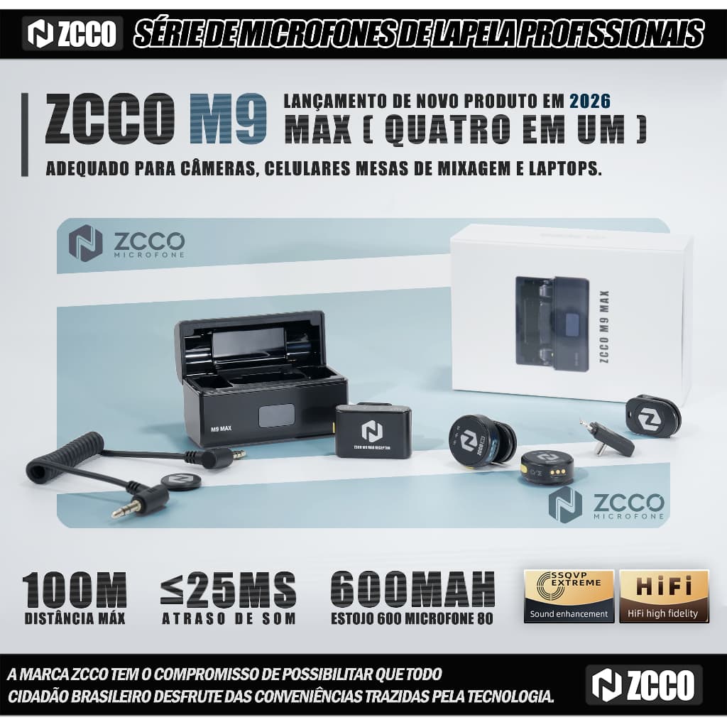 Microfone Sem Fio ZCCO M9 Max 25h Bateria Estojo 9g p/ Celular Câmera PC