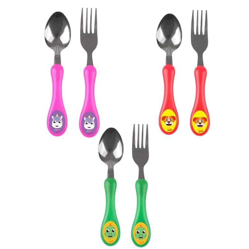 Kit Talheres Infantil com colher e garfo em inox, cabo anatômico rosa e estampa de Unicornio/Dinossauro/Cachorro.