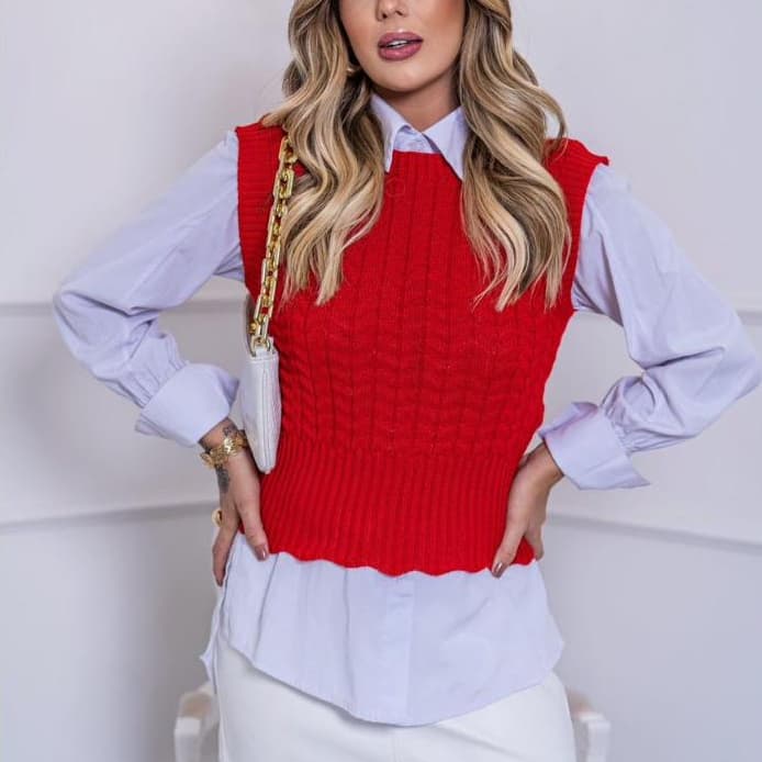 Colete Tricot Sobreposição Feminino Elegante