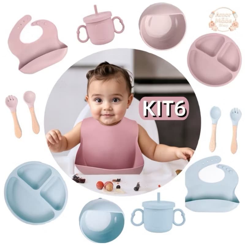 kit Refeição Bebê prato Babador Copo Talher Silicone Ventosa