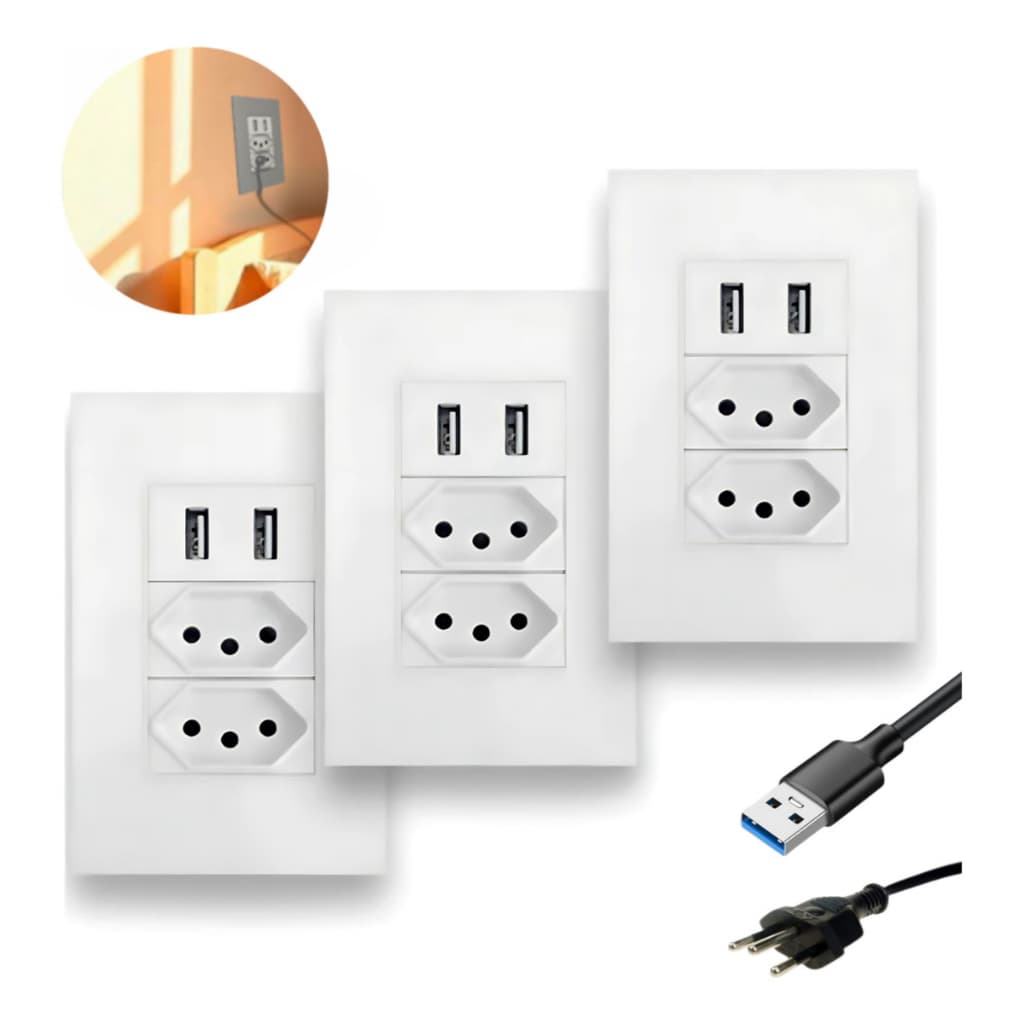 Kit 3 Tomada Dupla De Parede 4x2 Com 2 Entradas Usb Bivolt Com Espelho Na Cor Branco 5v