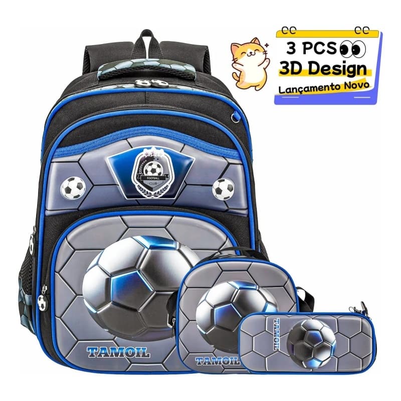 Kit Escolar Infantil Bolsa Lancheira Estojo Estampas 3D Menina e Menino com Mochila 3d Com E Impermeável Azul Design De