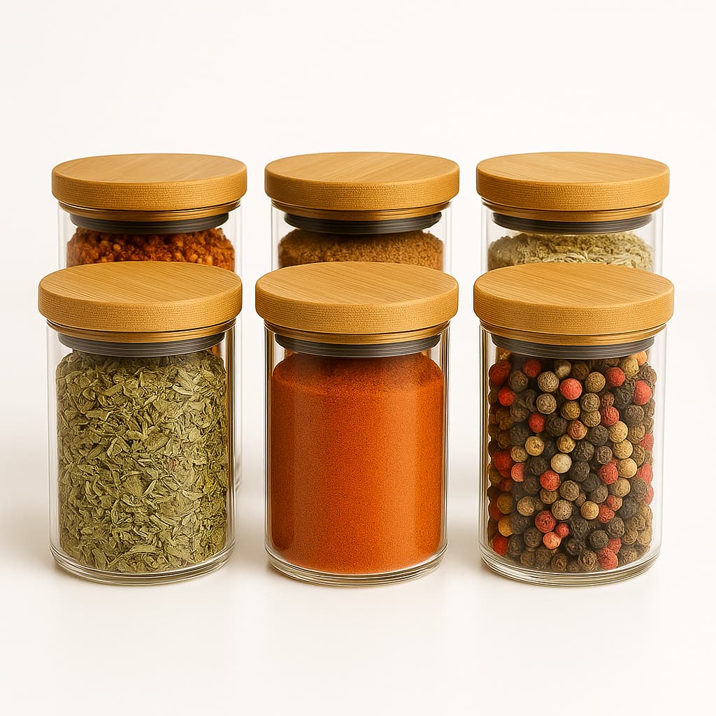 Conjunto 6 Potes Vidro Tampa Hermética Bambu 200ml 6cm x 8cm Armazenamento Condimentos Mantimentos