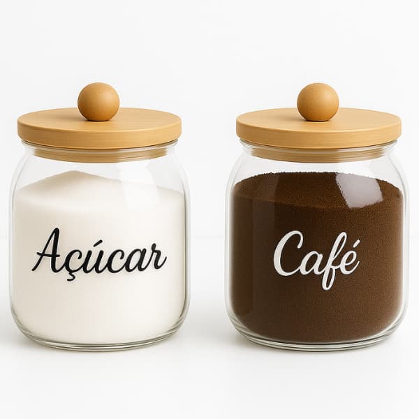 Kit 2 Potes Herméticos 500 ML Vidro Tampa Bambu Para Café E Açúcar Luxo E Organização Para Cozinha