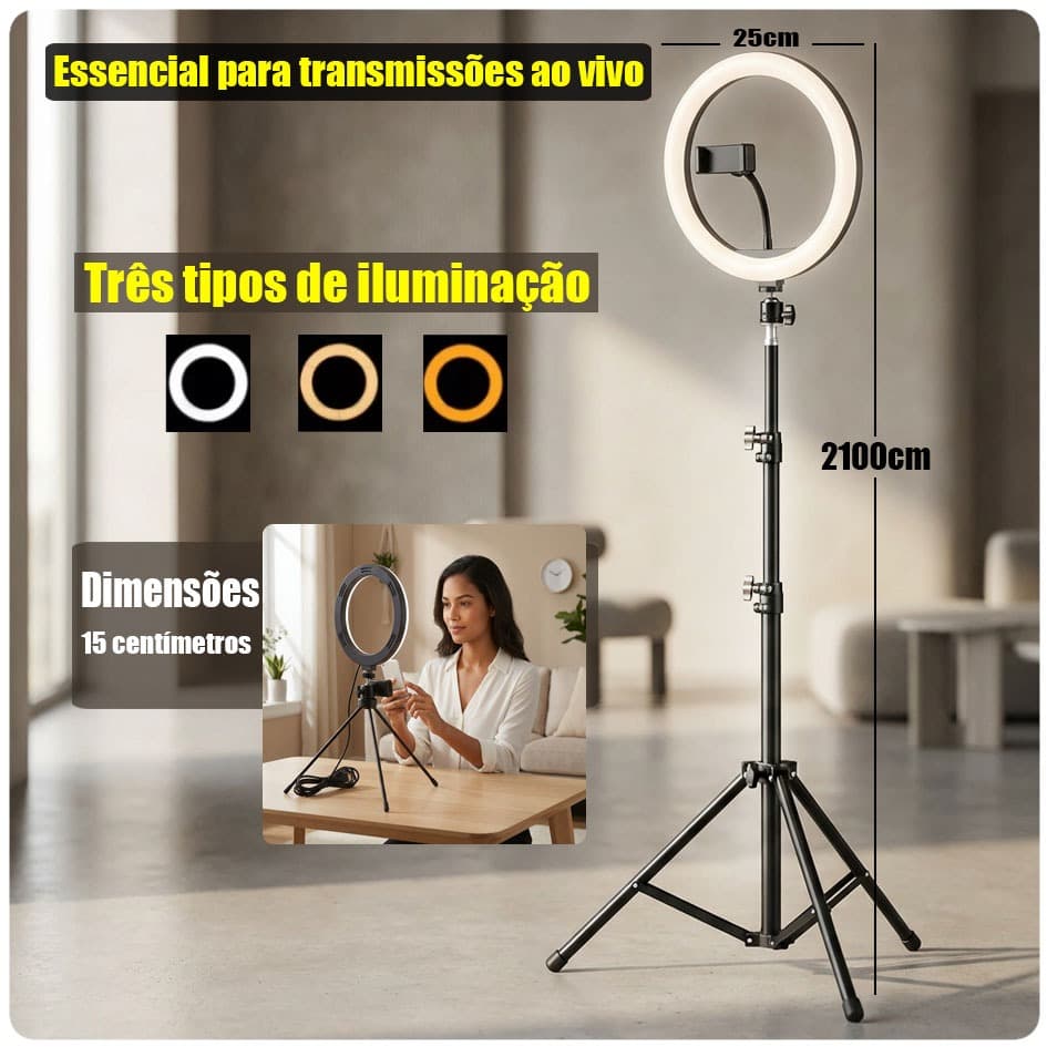 Kit Completo Ring light com tripé  portatil  profissional spot light led 6/10 polegadas,Tripé 2,10M Iluminação para todo