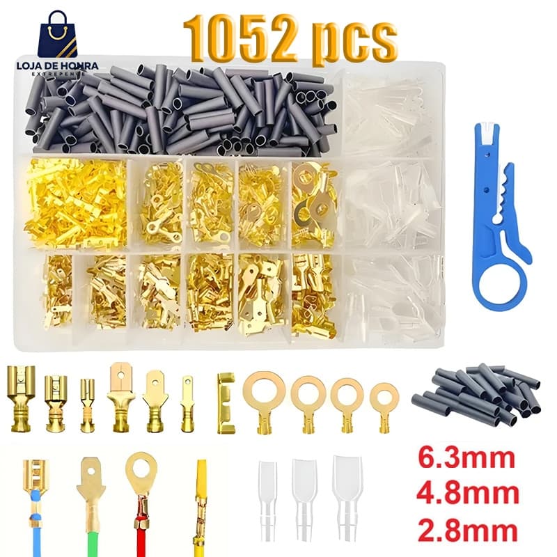 Kit Completo com 1052 Peças de Terminais Conectores Macho e Fêmea 2,8/4,8/6,3mm - Cor Ouro para Crimpagem