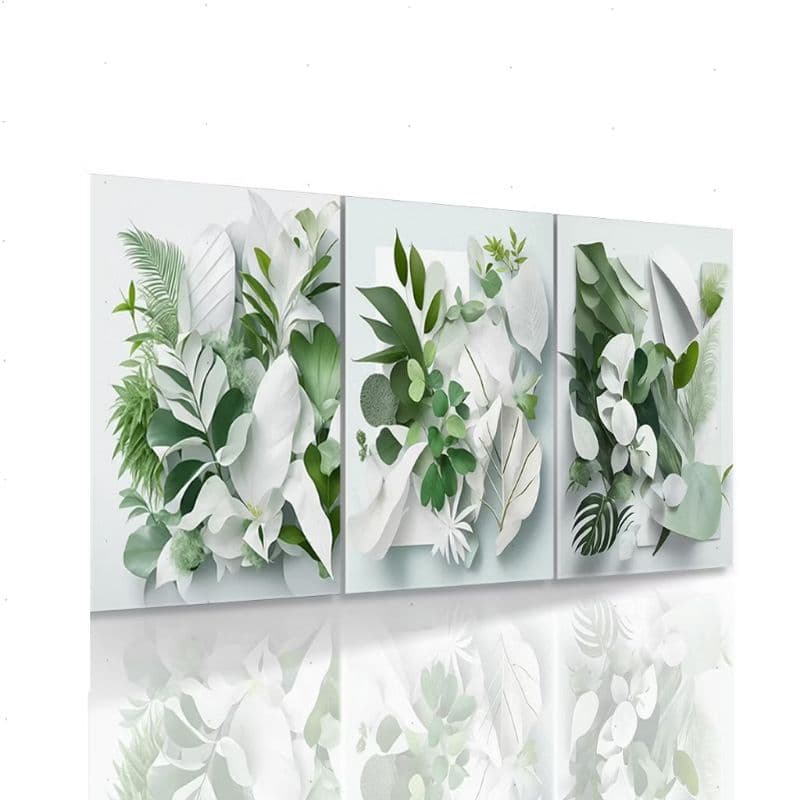 Kit 3 Quadros Decorativos Folhagens Verdes e Brancas - Medidas 40x60cm 3 Peças | h.e.p.decore