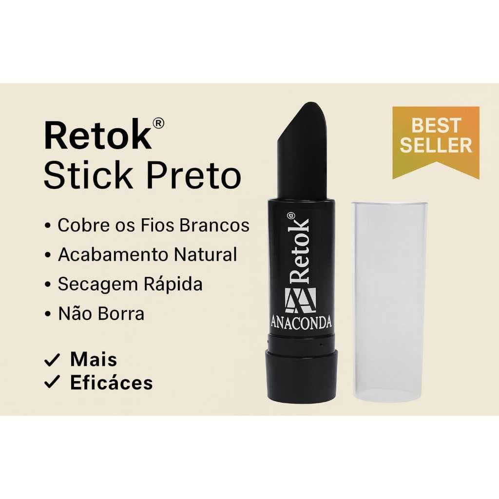 Batom Retoque Instantâneo para Cabelos Brancos Anaconda Retok Stick 3g Preto Cobertura Rápida